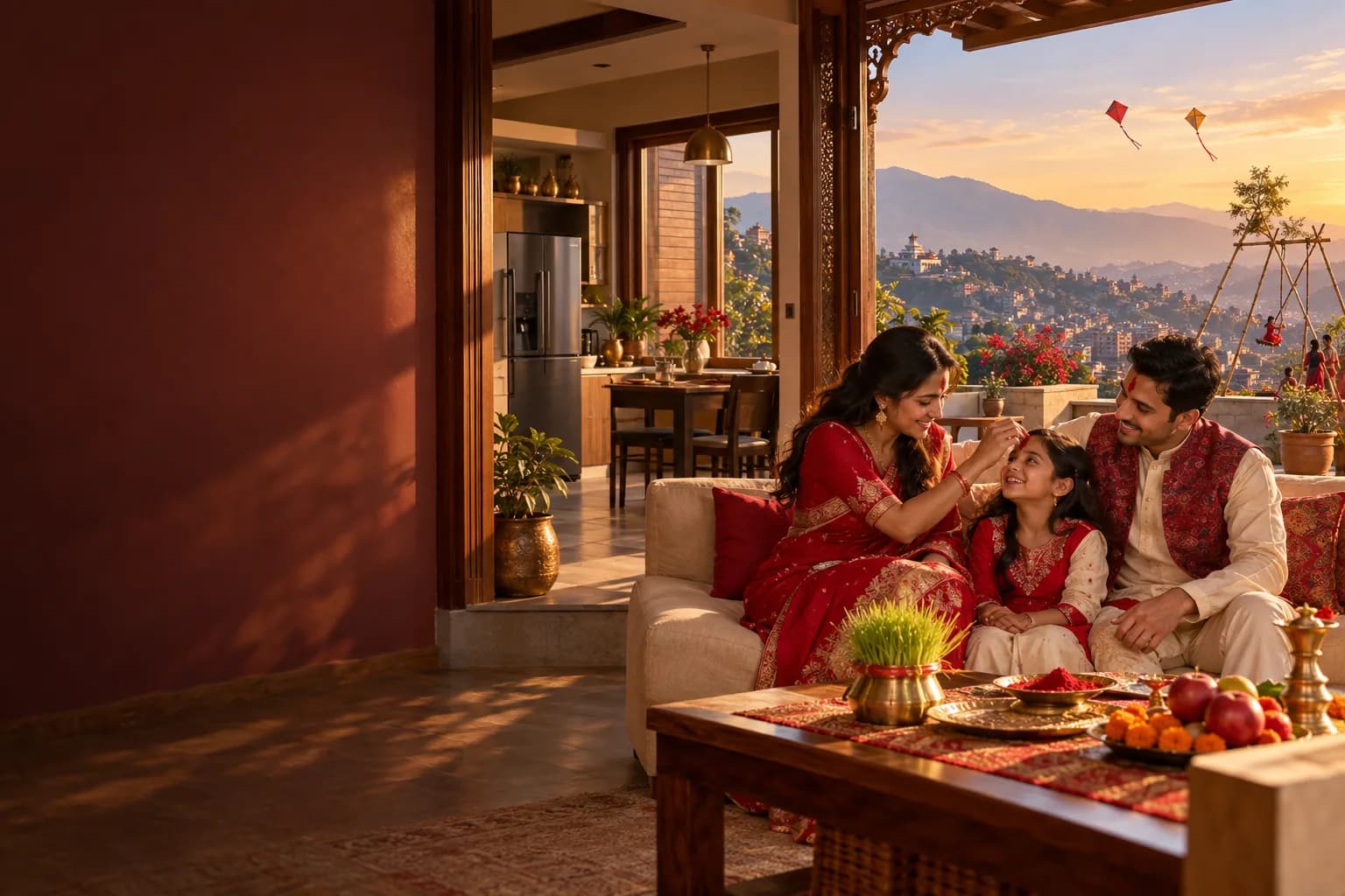 A Nepali family celebrating Dashain in a warm home, with kites outside